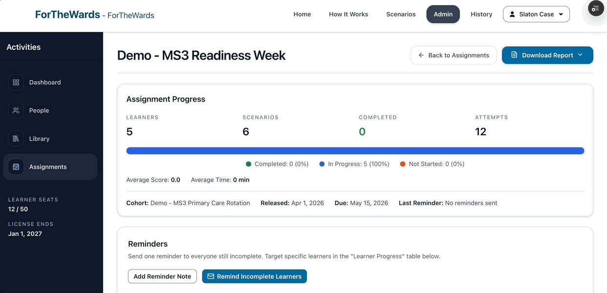 Assignment report view showing assignment progress, learner counts, scenario counts, attempts, reminders, and report controls.
