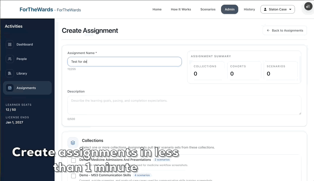 Create Assignment page showing assignment name, selected collections, cohorts, scenarios, and assignment setup workflow.