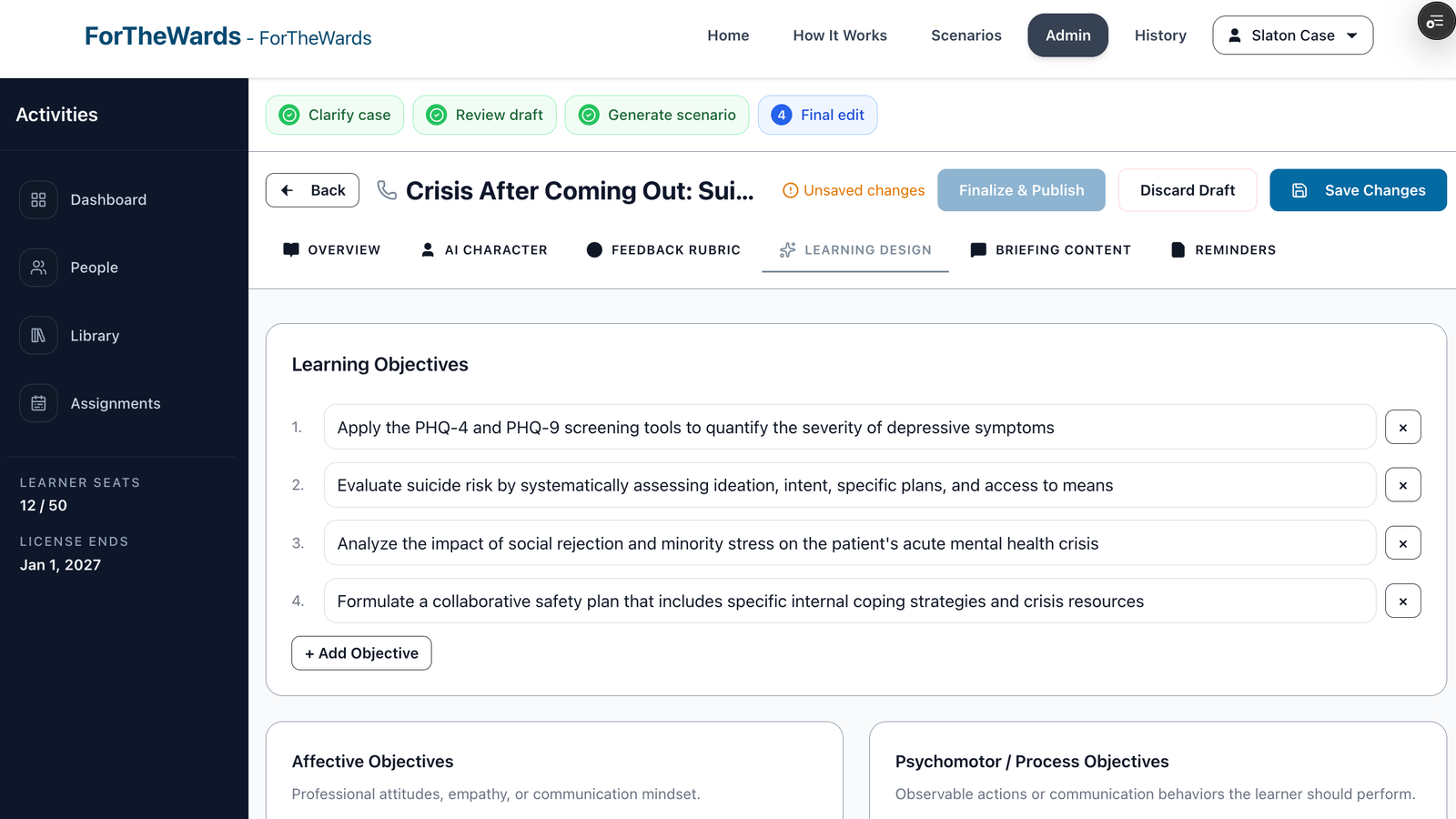 Final Edit page showing completed scenario generation steps, editable learning design, and publish/save actions.