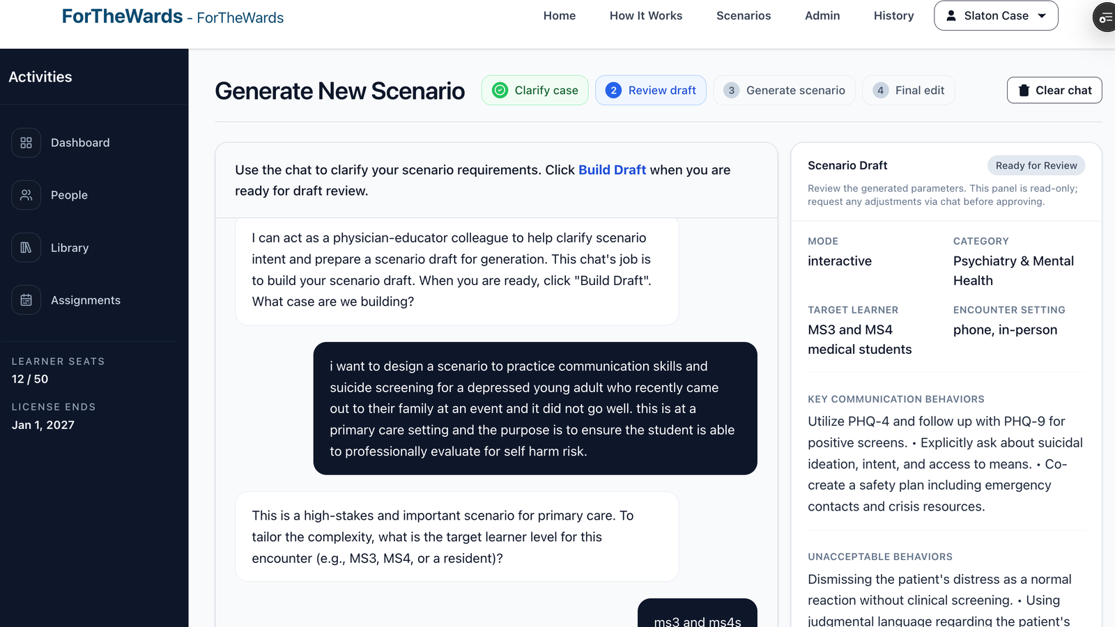 Generate New Scenario review draft step showing the chat transcript and structured scenario draft panel.