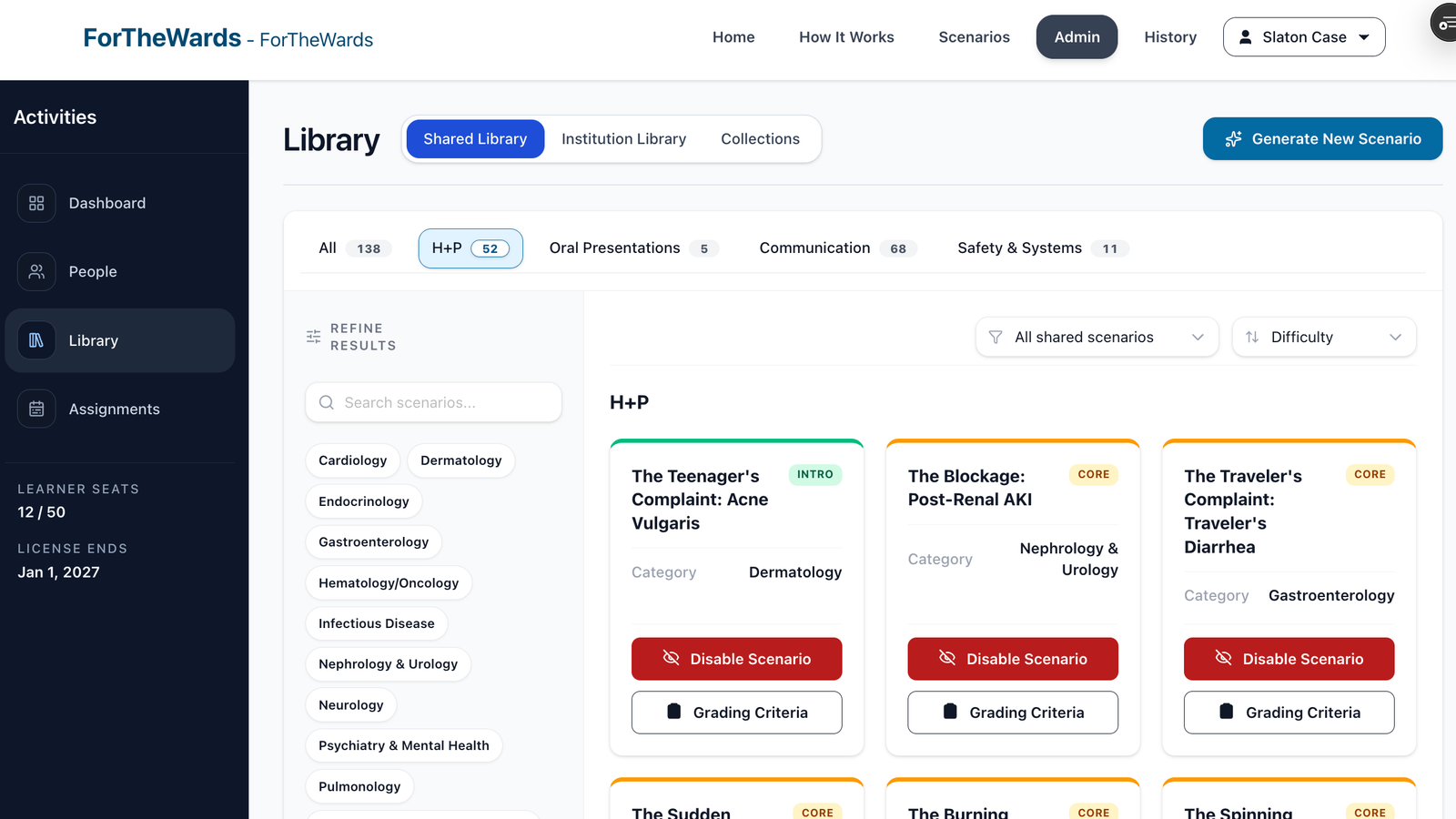 ForTheWards Library page with Shared Library, Institution Library, Collections tabs, scenario cards, and Generate New Scenario button.