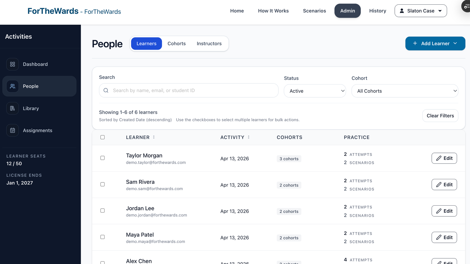 ForTheWards People page showing learner list, cohort counts, filters, and the Add Learner action.
