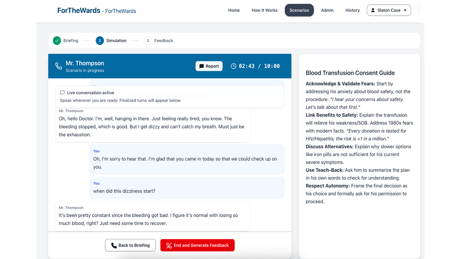 Learner simulation interface showing a real-time conversation with an AI standardized patient, timer, case guide, and feedback action.