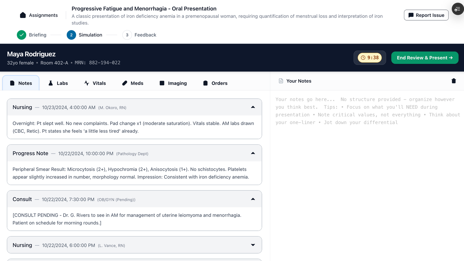 Oral presentation simulation showing chart review, patient details, note-taking area, timer, and End Review and Present action.
