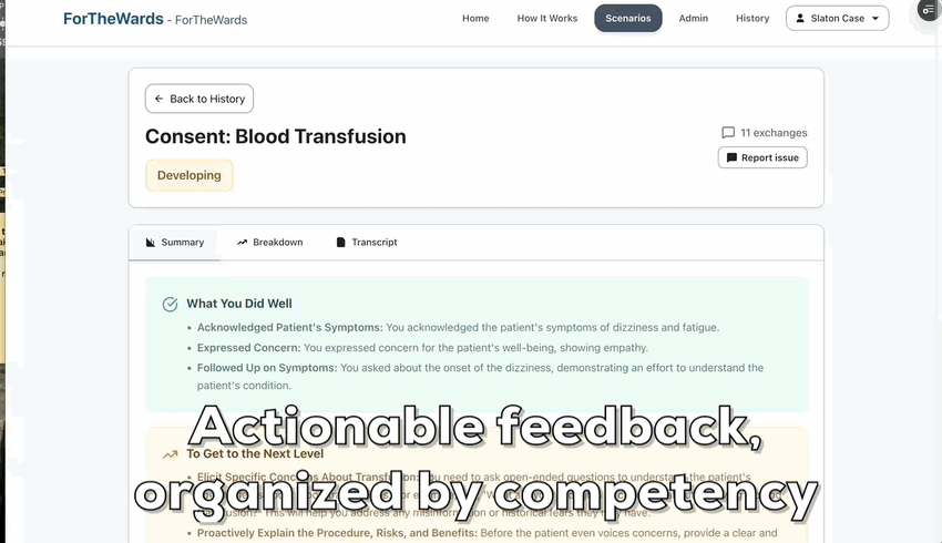 Learner feedback page showing rubric-based summary, competency breakdown, transcript access, and actionable next steps.